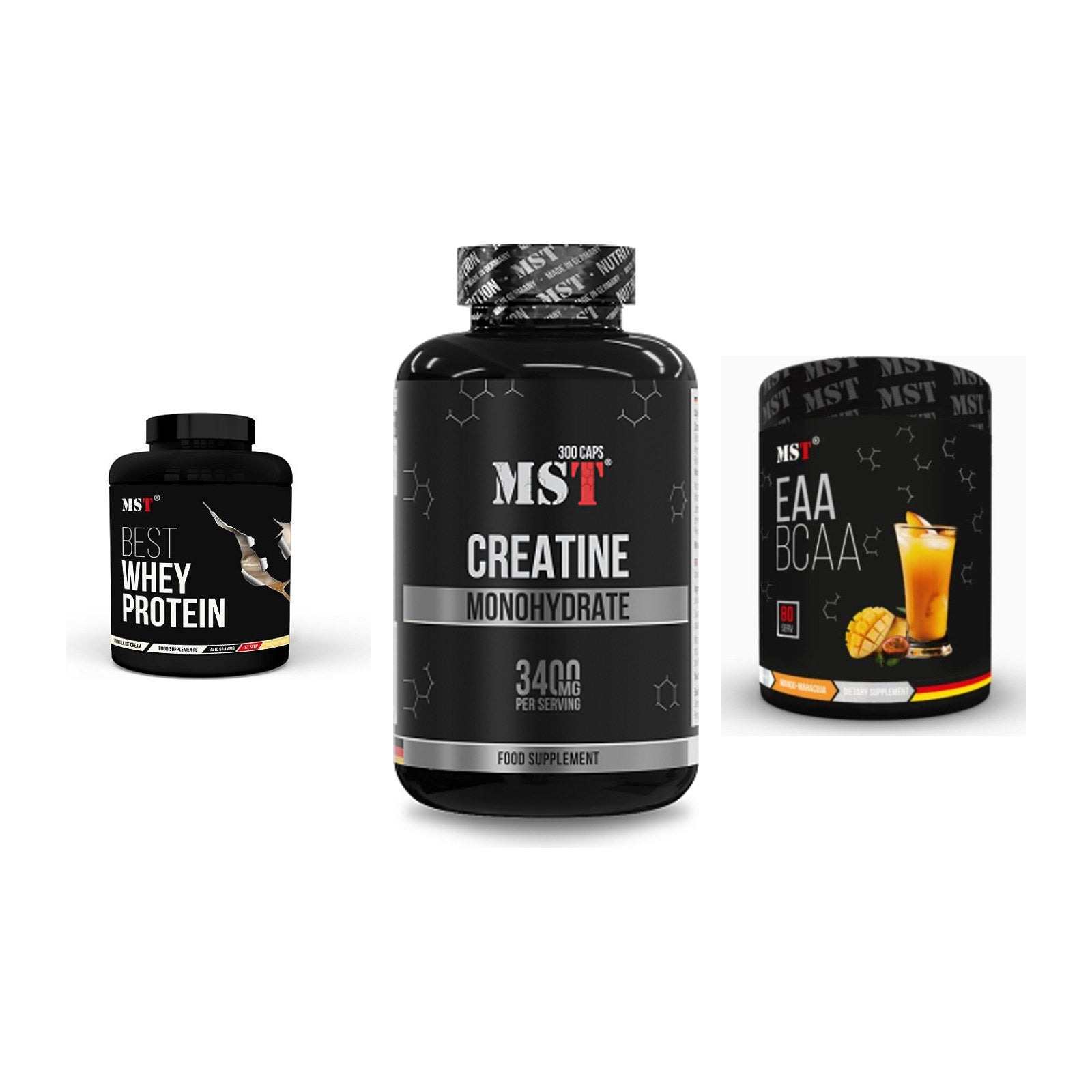 MST Marken-Trio: Best Whey Protein + Creatine Monohydrate + EAA & BCAA – alle enthaltenen Artikel