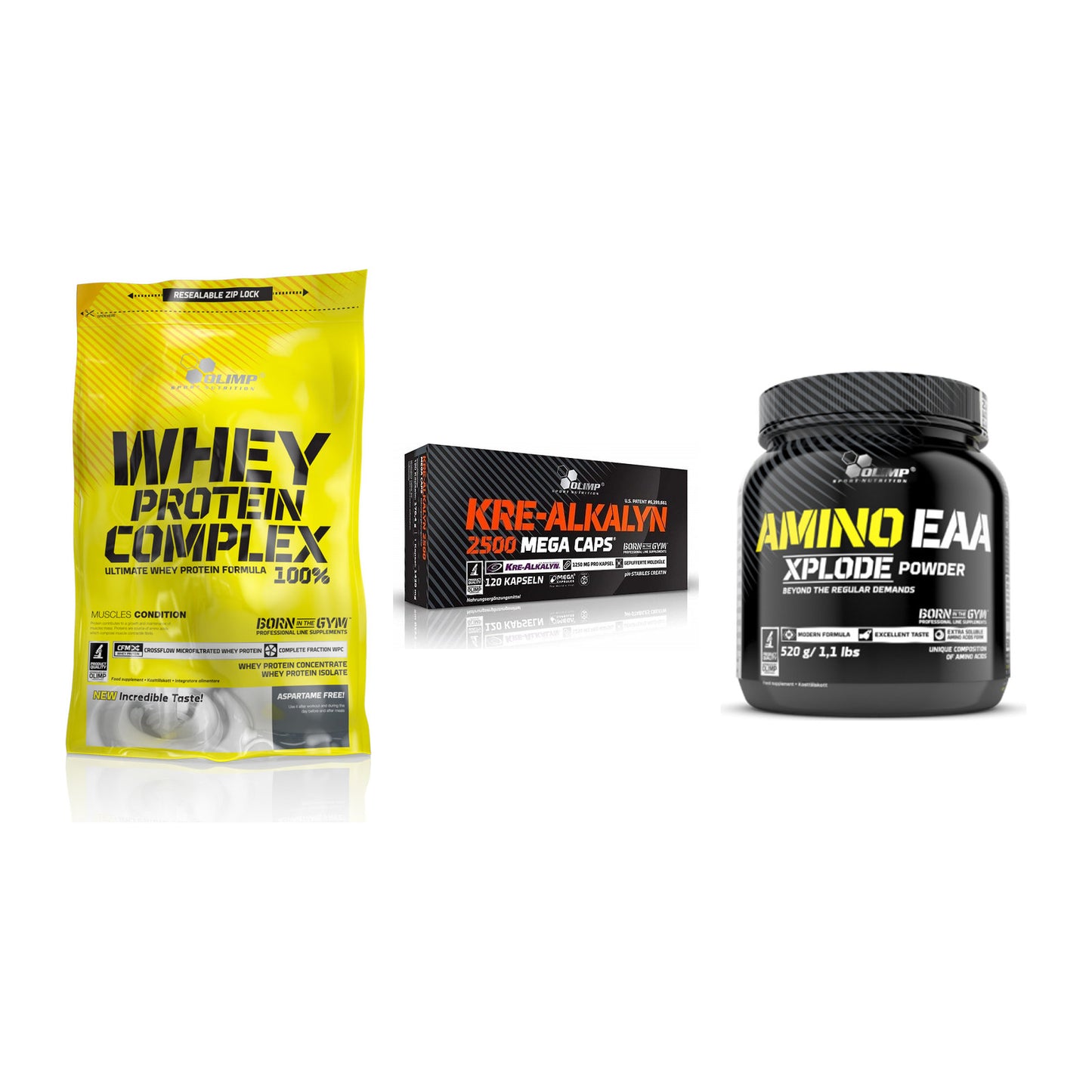 Olimp Marken-Trio: Whey Protein + Kre Alkalyn + Amino EAA – alle enthaltenen Artikel