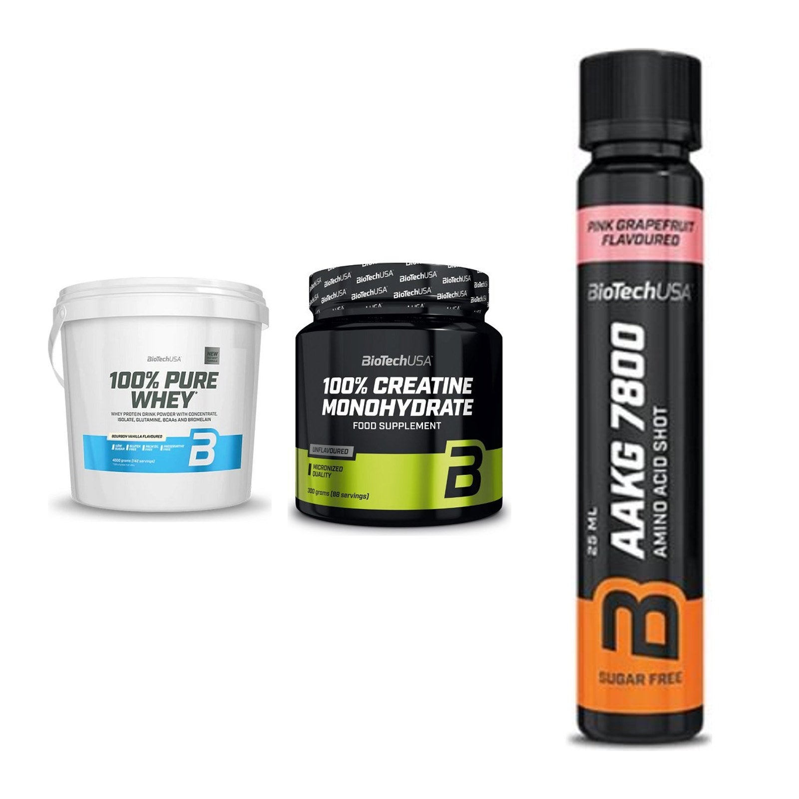 BioTech USA Marken-Trio: 100% Pure + Creatine + AAKG 7800 – alle enthaltenen Artikel