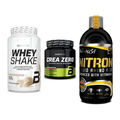 BioTech USA Marken-Trio: Whey Shake + Crea Zero + Liquid Amino – alle enthaltenen Artikel