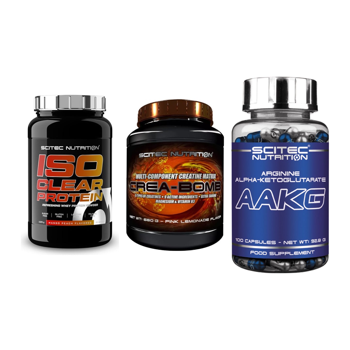 Scitec Nutrition Marken-Trio: IsoClear Protein + Crea-Bomb + 1 weitere – alle enthaltenen Artikel