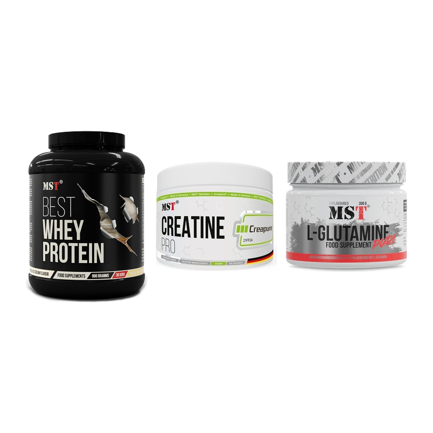 MST Marken-Trio: Best Whey Protein + Creatin Pro CREAPURE + Glutamine – alle enthaltenen Artikel
