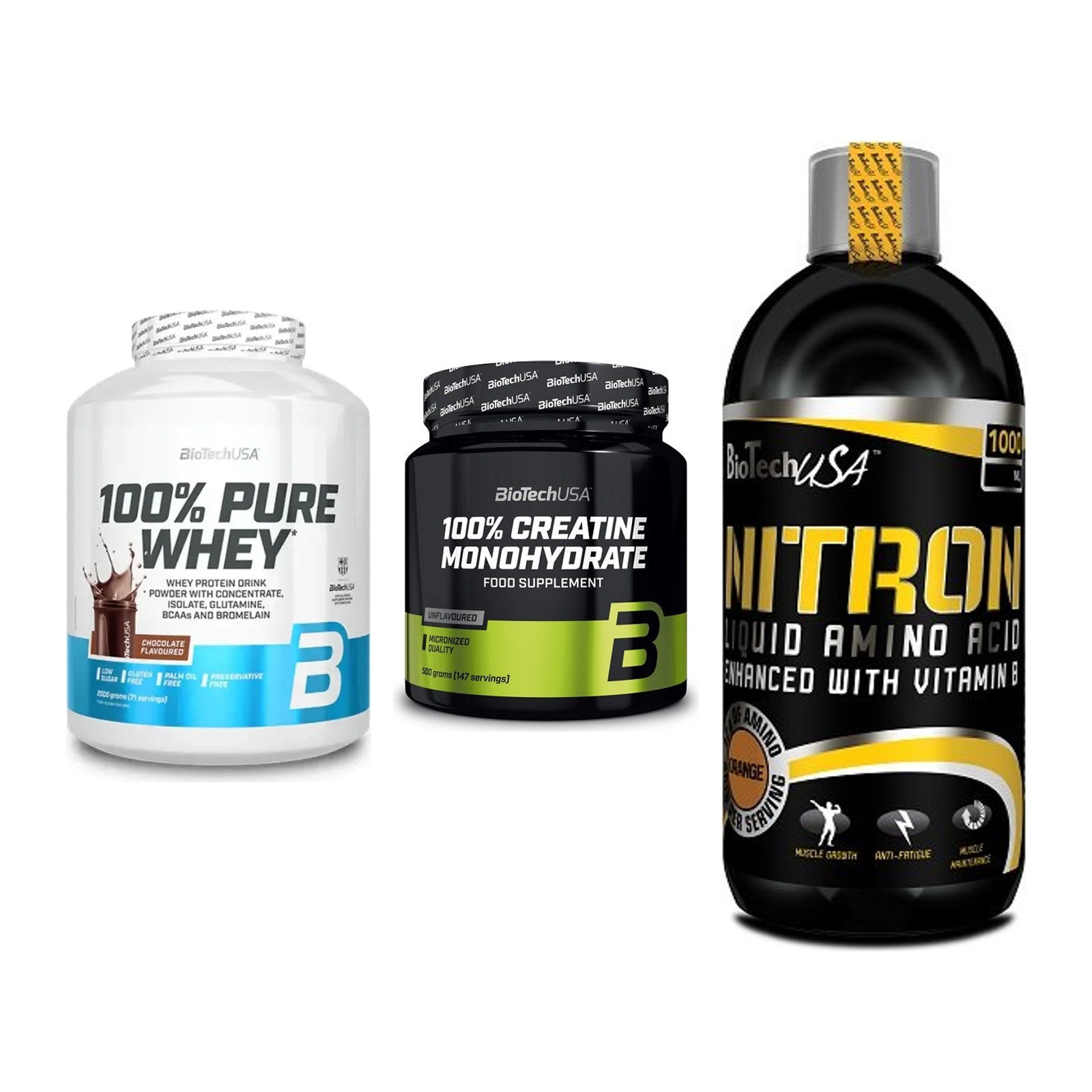 BioTech USA Marken-Trio: 100% Pure + Creatine + Liquid Amino – alle enthaltenen Artikel