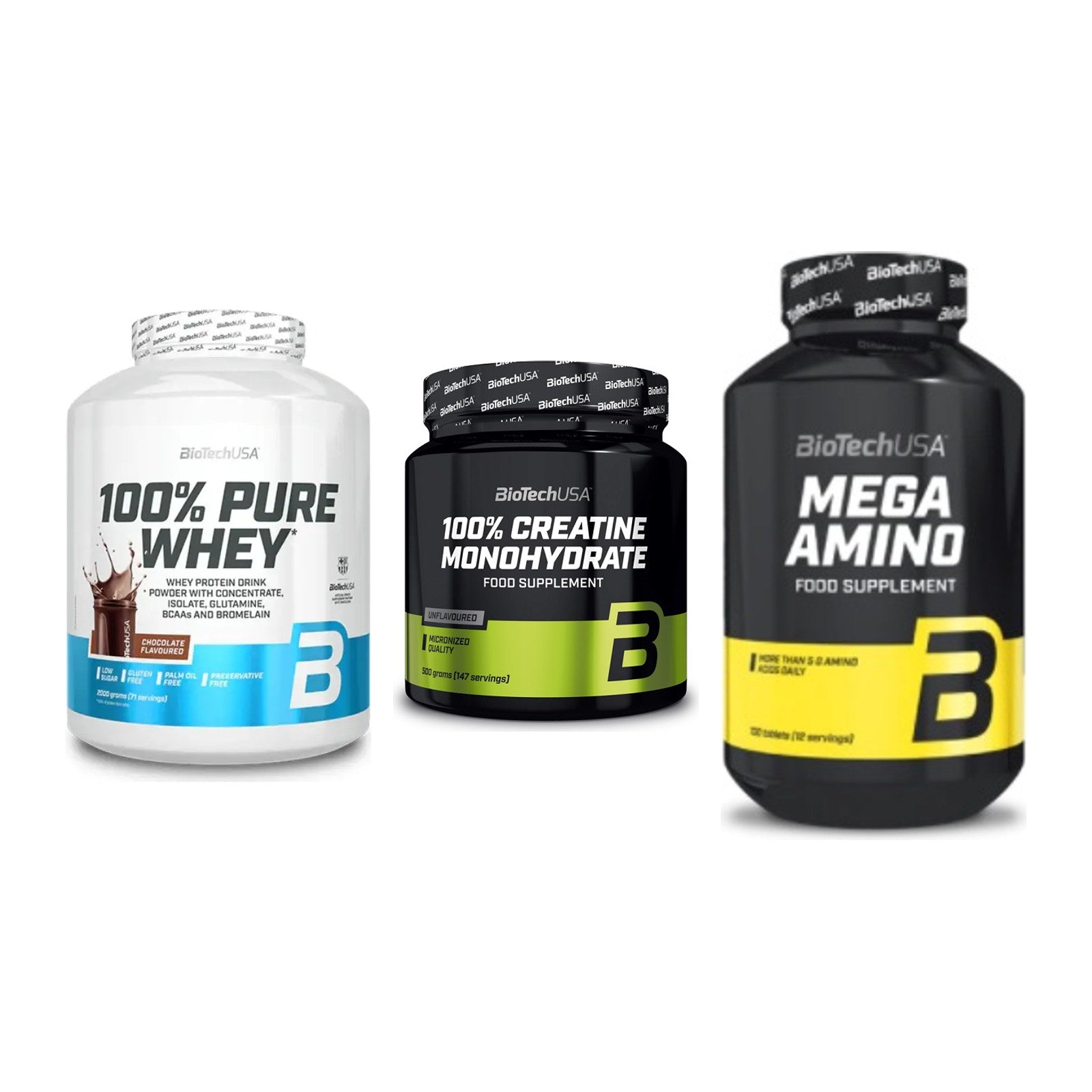 BioTech USA Marken-Trio: 100% Pure + Creatine + Mega Amino – alle enthaltenen Artikel