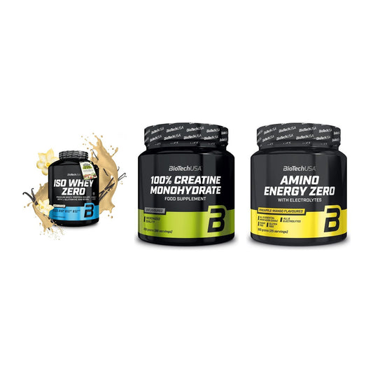 BioTech USA Marken-Trio: Iso Whey Zero + Creatine + Amino Energy – alle enthaltenen Artikel