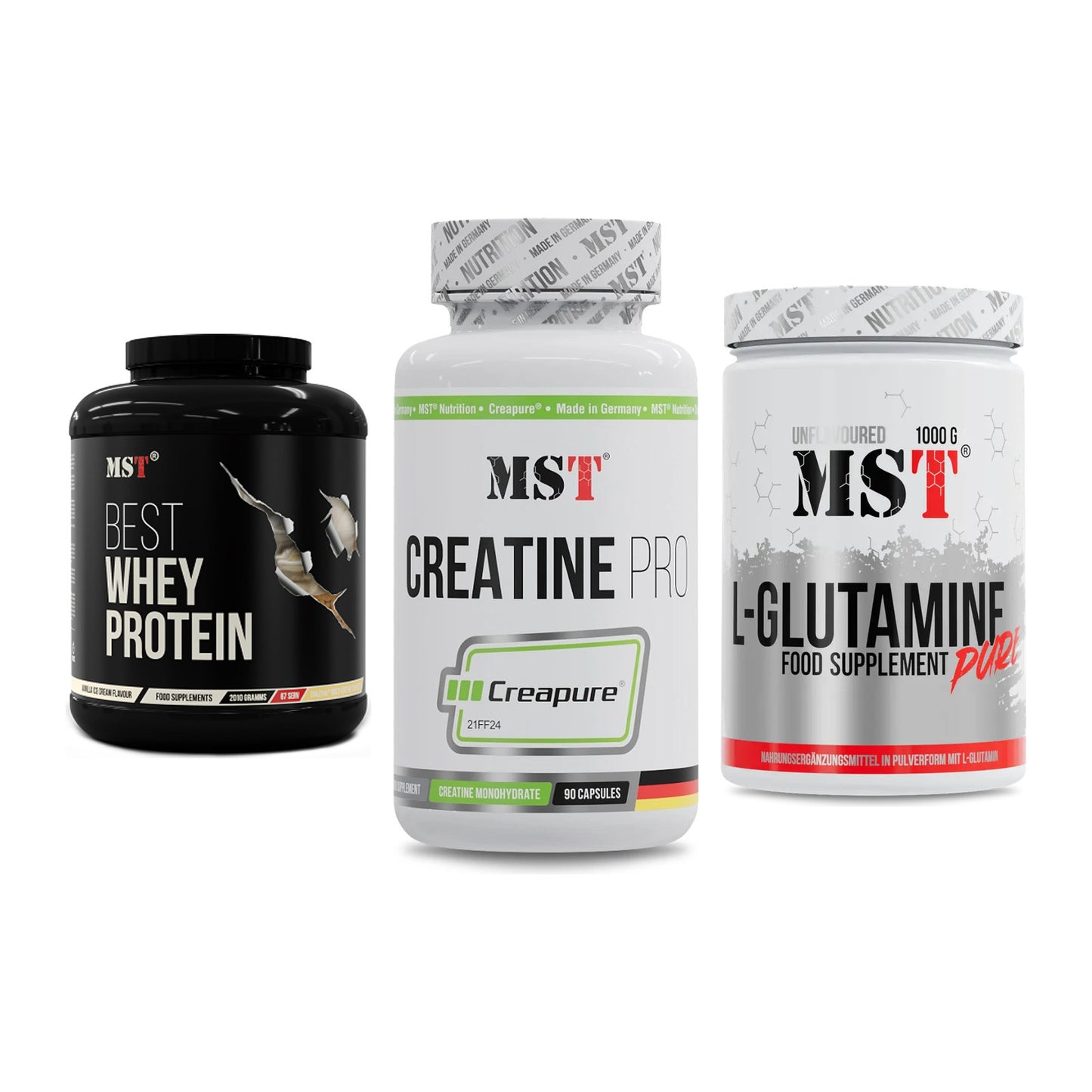 MST Marken-Trio: Best Whey Protein + Creatine Pro CREAPURE + Glutamine – alle enthaltenen Artikel