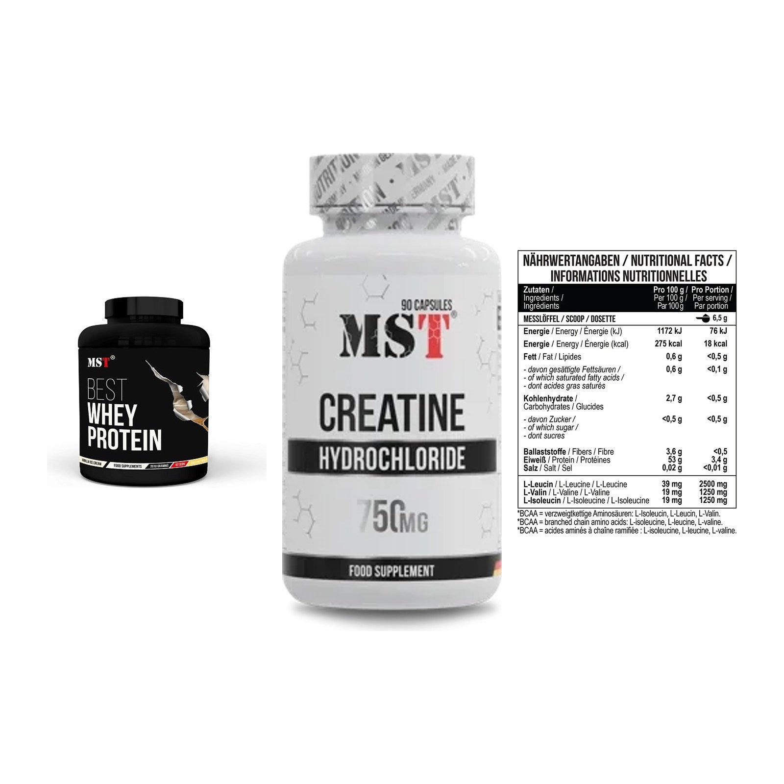 MST Marken-Trio: Best Whey Protein + Creatin HCL + BCAA Zero – alle enthaltenen Artikel