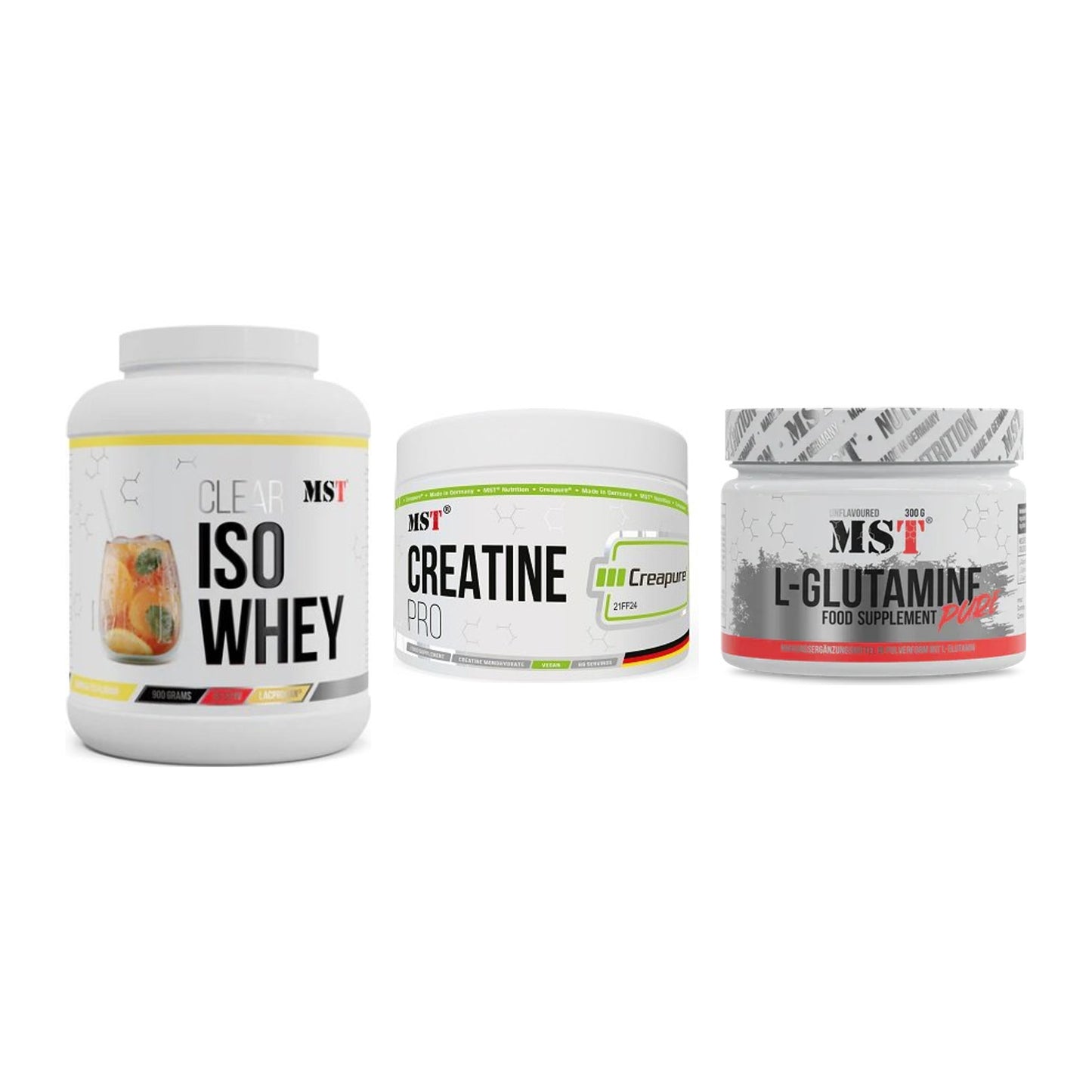 MST Marken-Trio: Iso Clear 900g + Creatin Pro + Glutamine – alle enthaltenen Artikel
