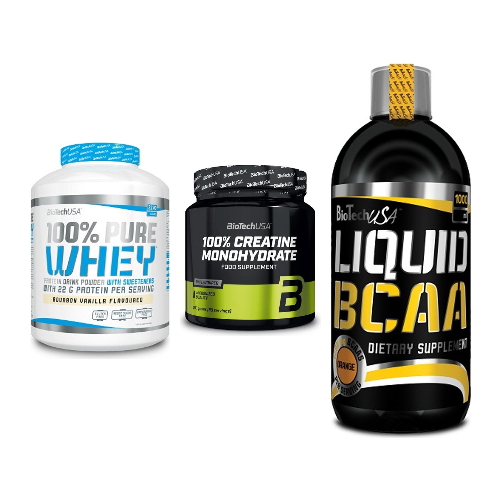 BioTech USA Marken-Trio: 100% Pure + Creatine + Liquid BCAA – alle enthaltenen Artikel