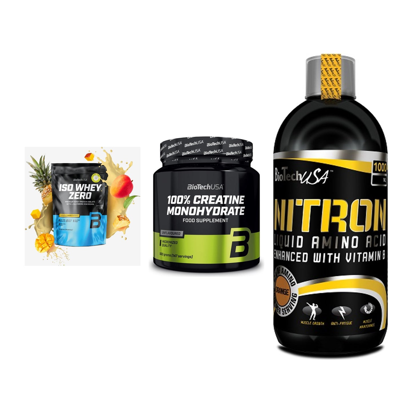 BioTech USA Marken-Trio: Iso Whey Zero + Creatine + Liquid Amino – alle enthaltenen Artikel