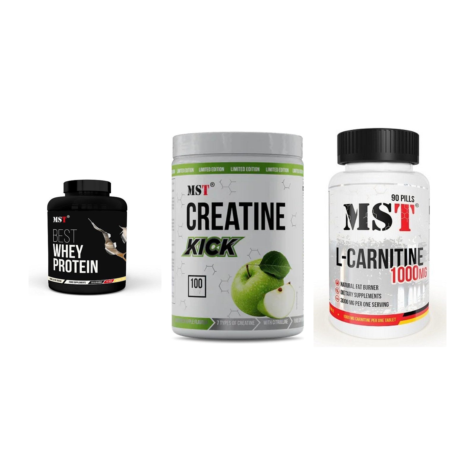 MST Marken-Trio: Best Whey + Creatine Kick + L-Carnitine – alle enthaltenen Artikel