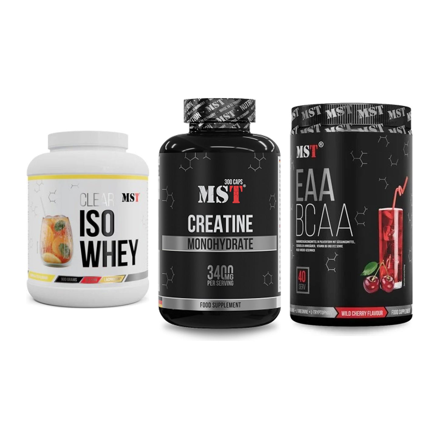 MST Marken-Trio: Iso Clear 900g + Creatine + EAA & BCAA 520g – alle enthaltenen Artikel