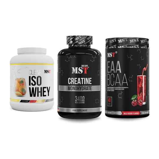 MST Marken-Trio: Iso Clear 900g + Creatine + EAA & BCAA 520g – alle enthaltenen Artikel
