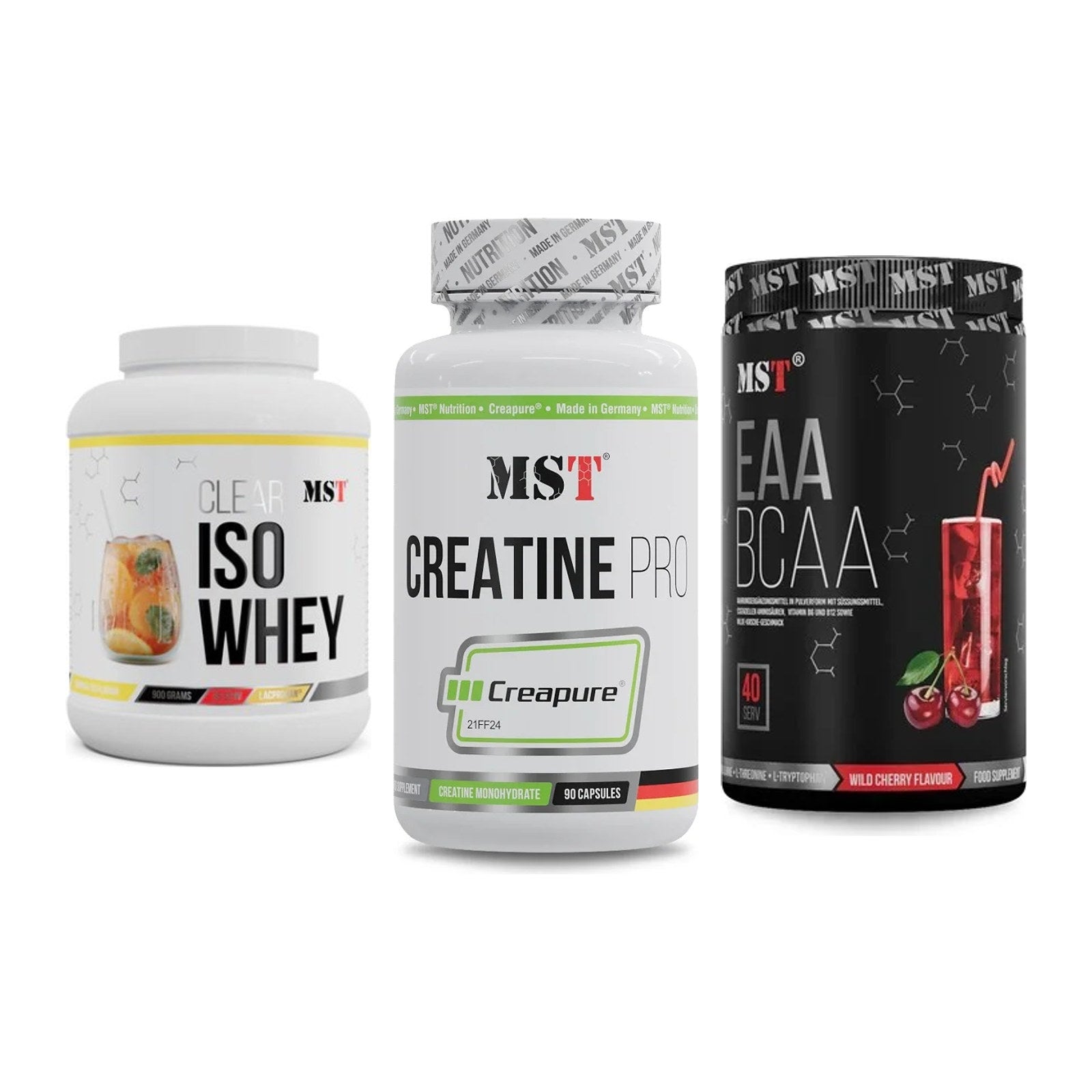 MST Marken-Trio: Iso Clear 900g + Creatine Pro + EAA & BCAA 520g – alle enthaltenen Artikel