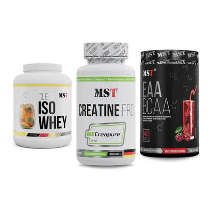MST Marken-Trio: Iso Clear 900g + Creatine Pro + EAA & BCAA 520g – alle enthaltenen Artikel