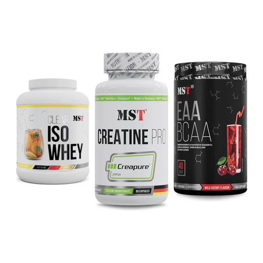 MST Marken-Trio: Iso Clear 900g + Creatine Pro + EAA & BCAA 520g – alle enthaltenen Artikel