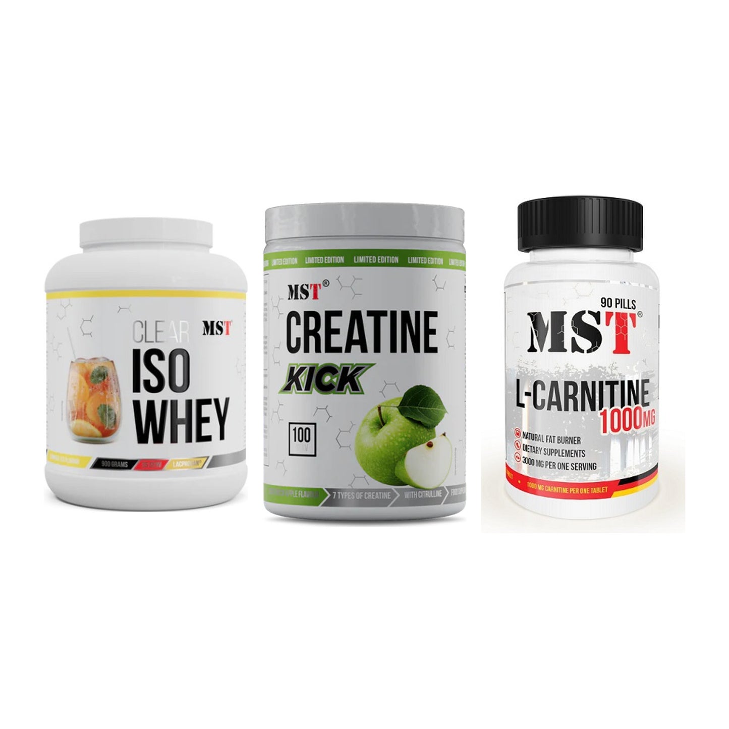 MST Marken-Trio: Iso Clear + Creatine Kick + L-Carnitine – alle enthaltenen Artikel