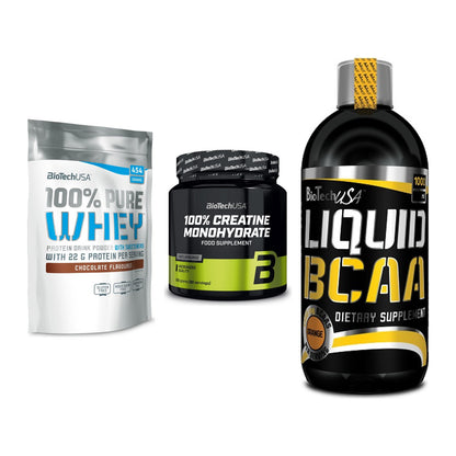 BioTech USA Marken-Trio: 100% Pure + Creatine + Liquid BCAA – alle enthaltenen Artikel