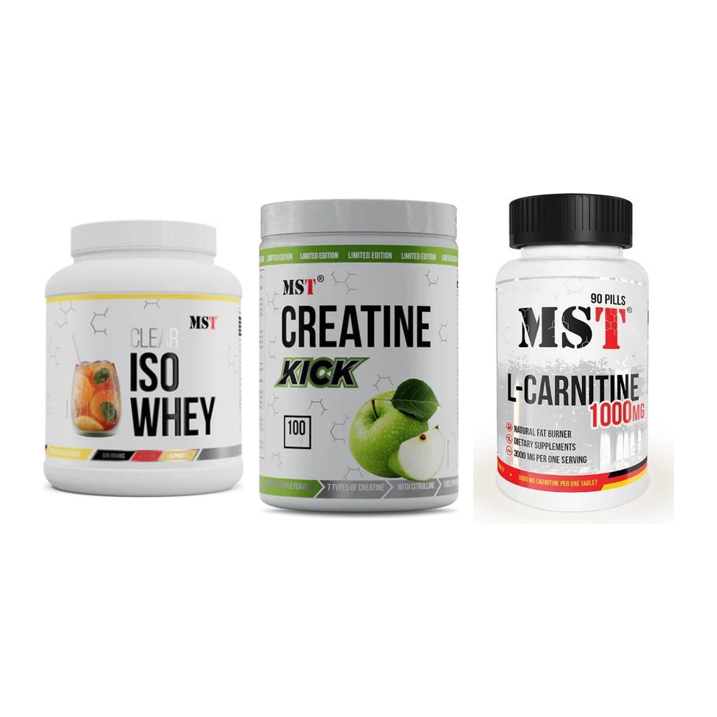 MST Marken-Trio: Iso Clear + Creatine Kick + L-Carnitine – alle enthaltenen Artikel