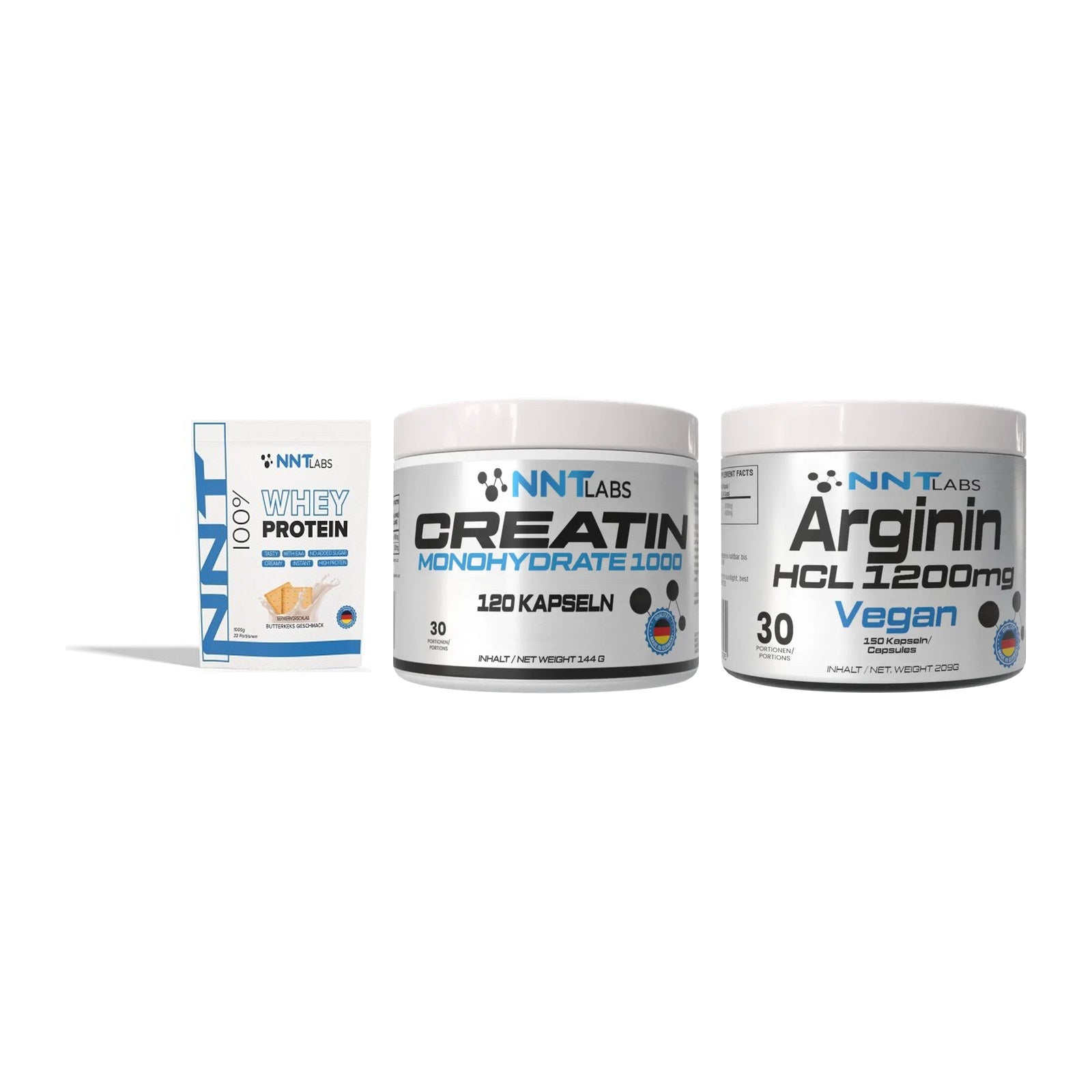 NNT Labs Marken-Trio: Whey + Creatin 1000 mg + Arginin HCL 1200 mg – alle enthaltenen Artikel
