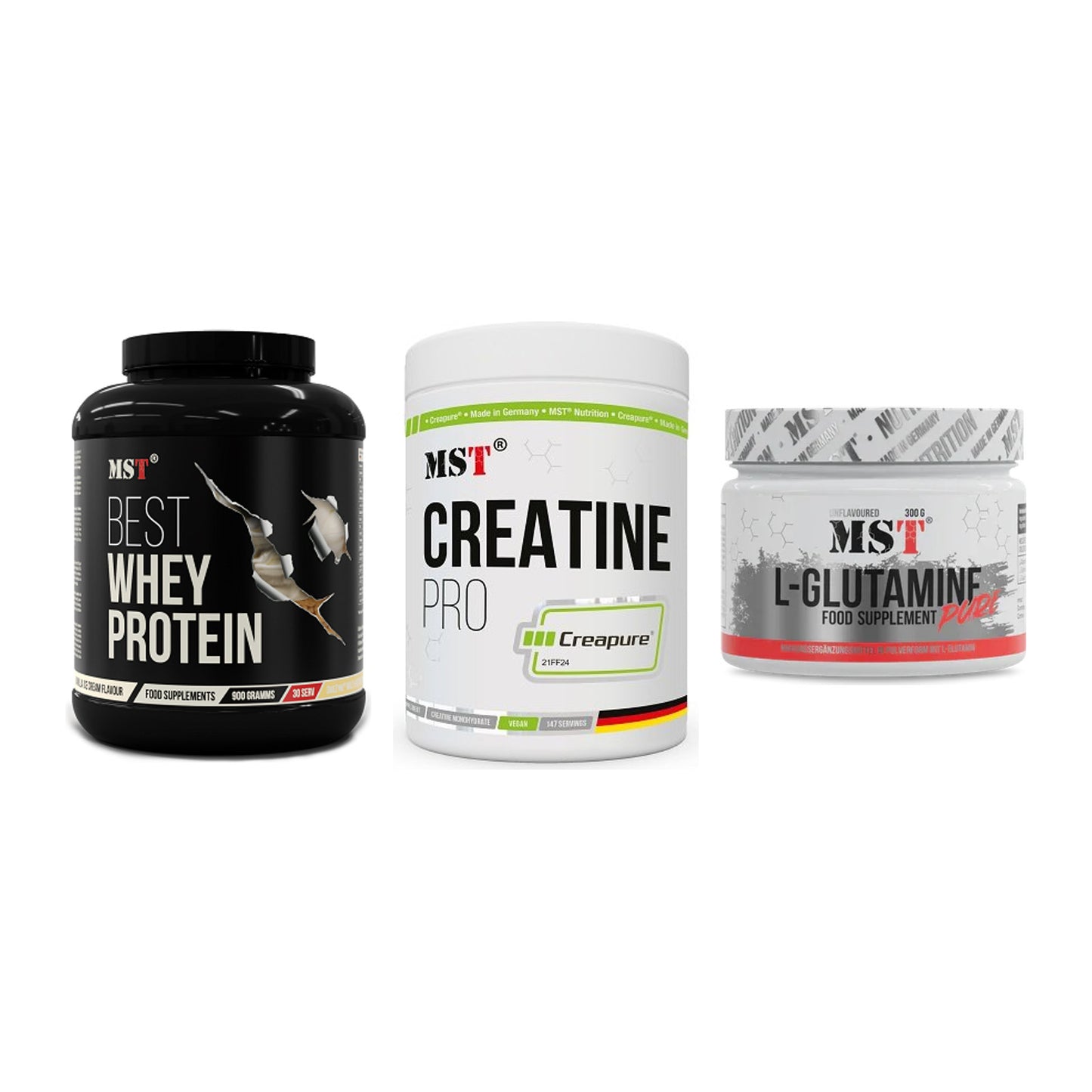 MST Marken-Trio: Best Whey Protein + Creatin Pro CREAPURE + Glutamine – alle enthaltenen Artikel