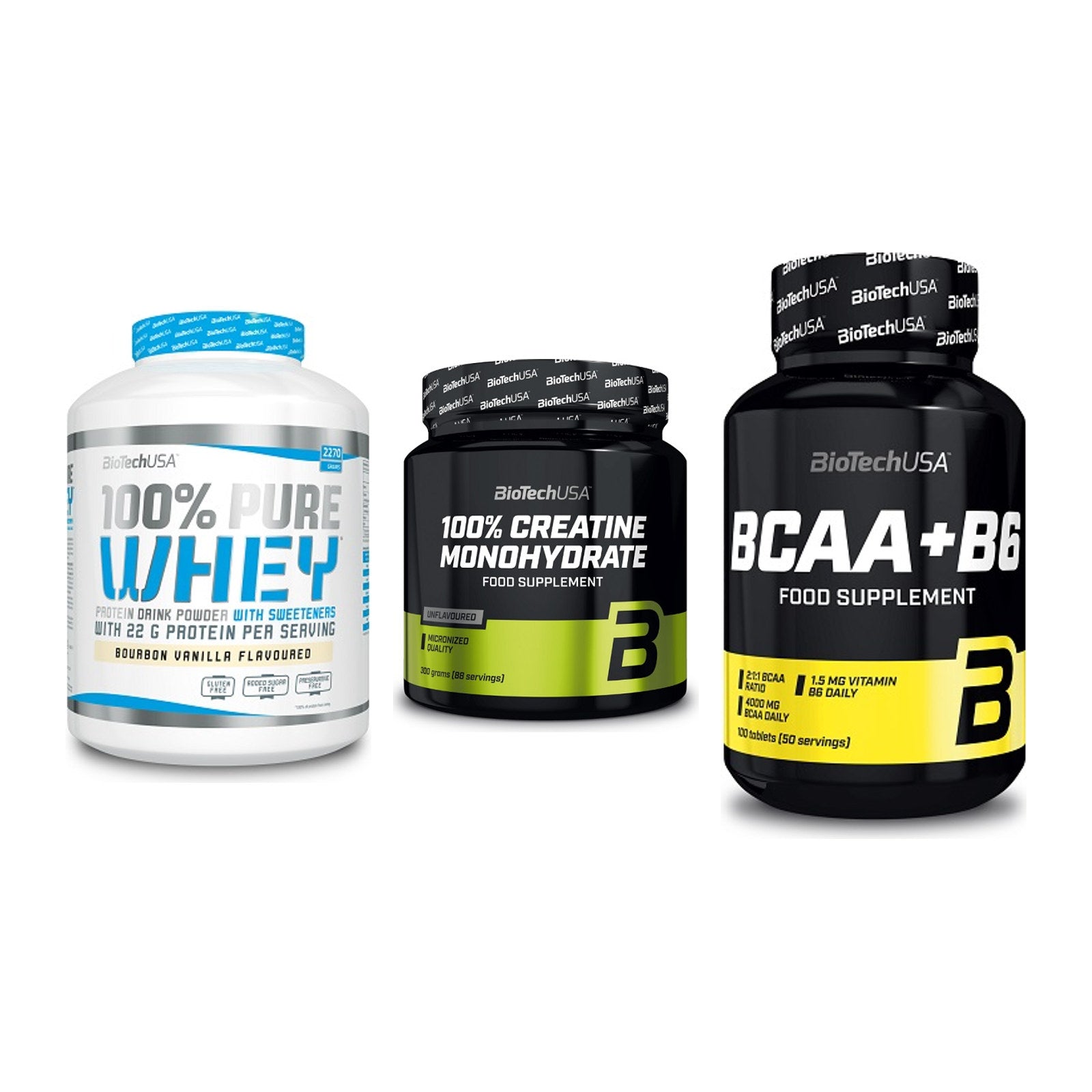 BioTech USA Marken-Trio: 100% Pure + Creatine + BCAA+B6 100 – alle enthaltenen Artikel