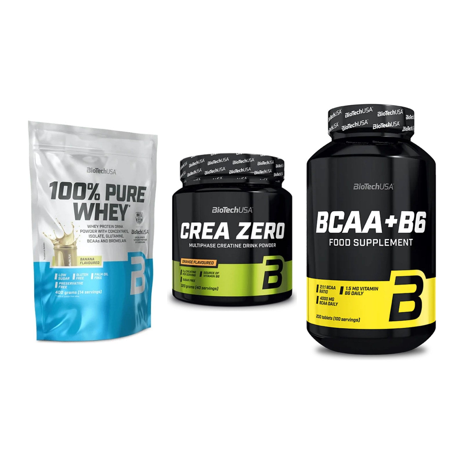 BioTech USA Marken-Trio: 100% Pure Whey + Crea Zero + BCAA+B6 200 Tabl – alle enthaltenen Artikel