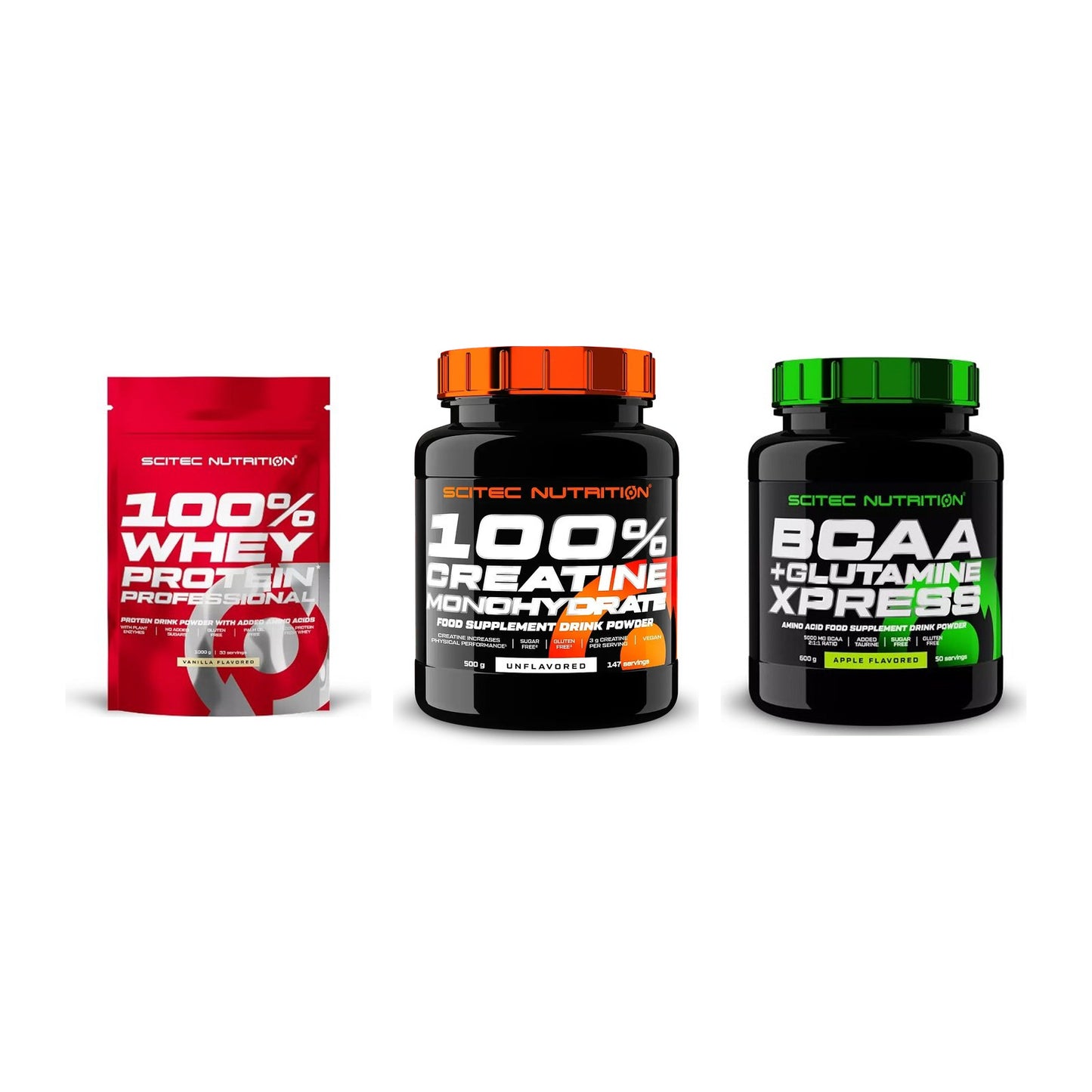 Scitec Nutrition Marken-Trio: 100% Whey + Creatine + 1 weitere – alle enthaltenen Artikel