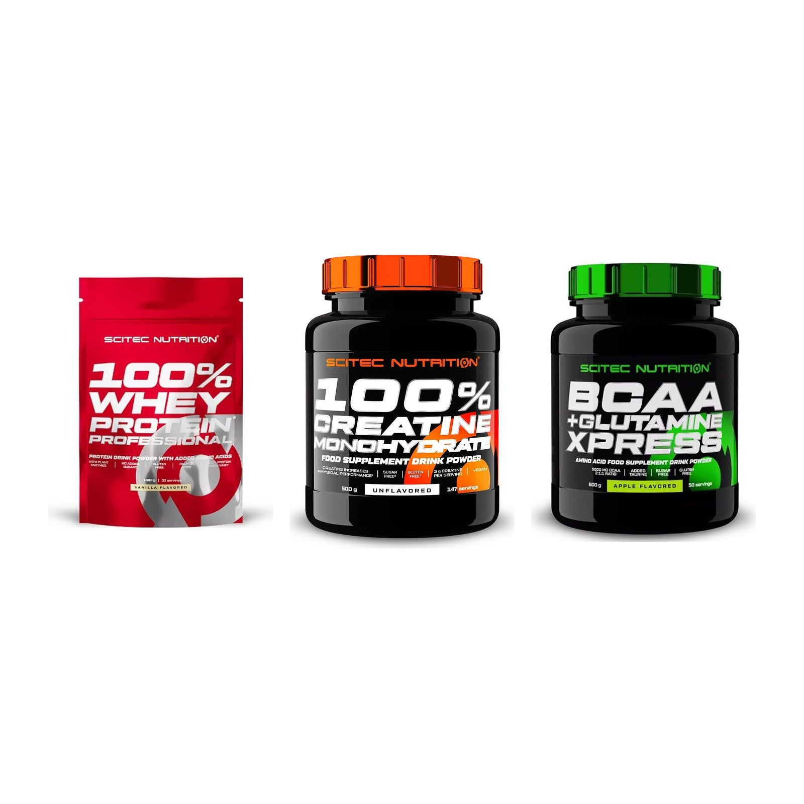 Scitec Nutrition Marken-Trio: 100% Whey + Creatine + 1 weitere – alle enthaltenen Artikel