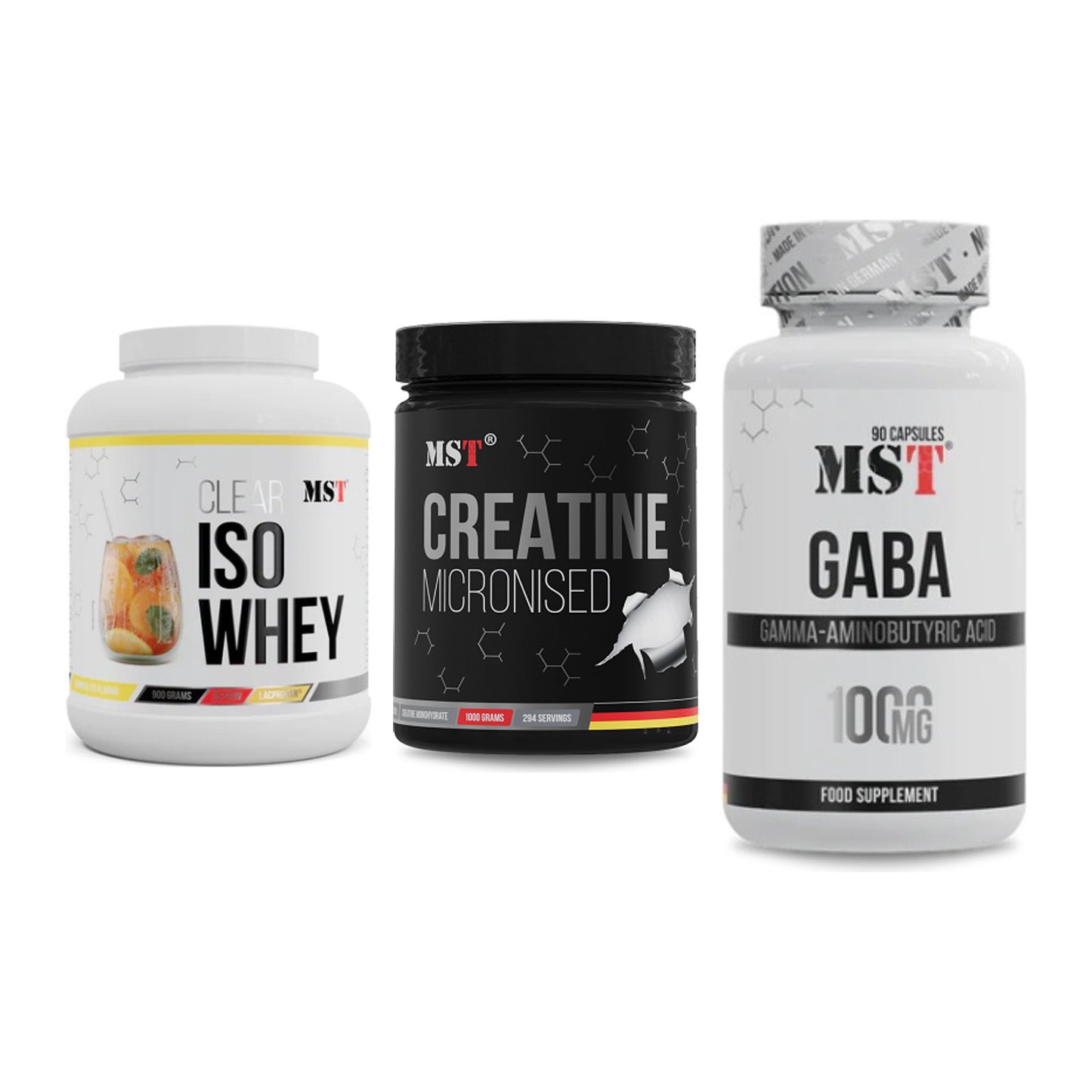 MST Marken-Trio: Iso Clear + Creatin Monohydrate + GABA 1000mg – alle enthaltenen Artikel