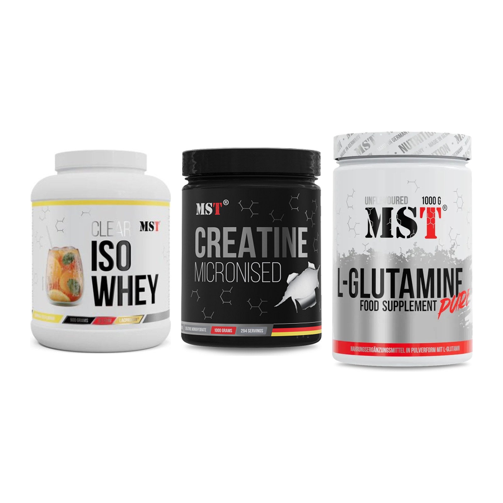 MST Marken-Trio: Iso Clear 900g + Creatin Monohyd + Glutamine – alle enthaltenen Artikel