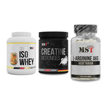 MST Marken-Trio: Iso Clear + Creatin Monohydrate + Arginin AAKG 1178mg – alle enthaltenen Artikel