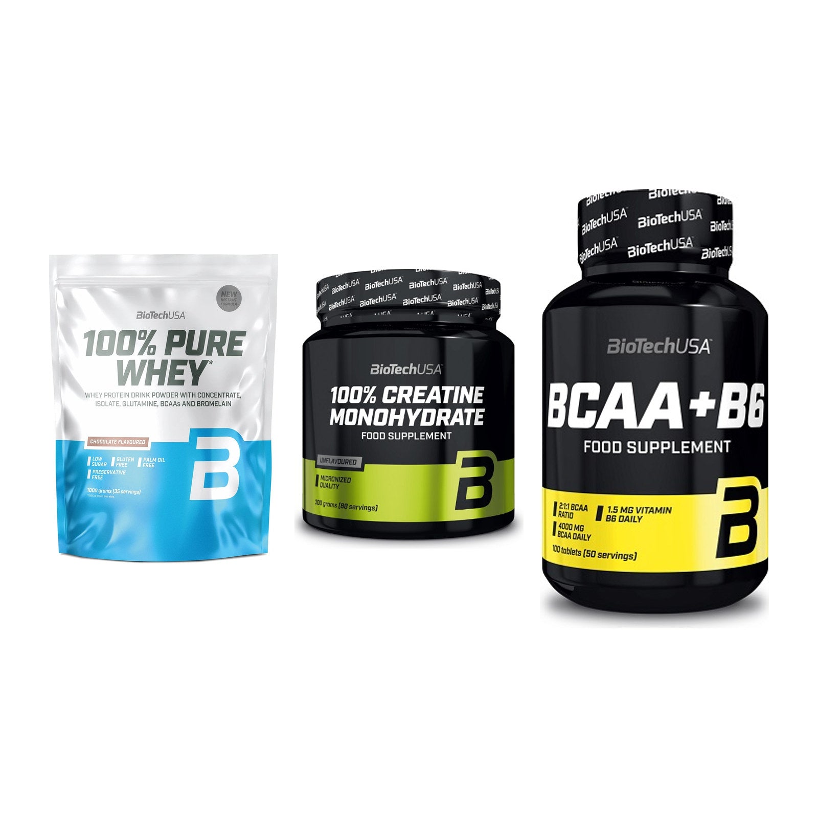 BioTech USA Marken-Trio: 100% Pure + Creatine + BCAA+B6 100 – alle enthaltenen Artikel