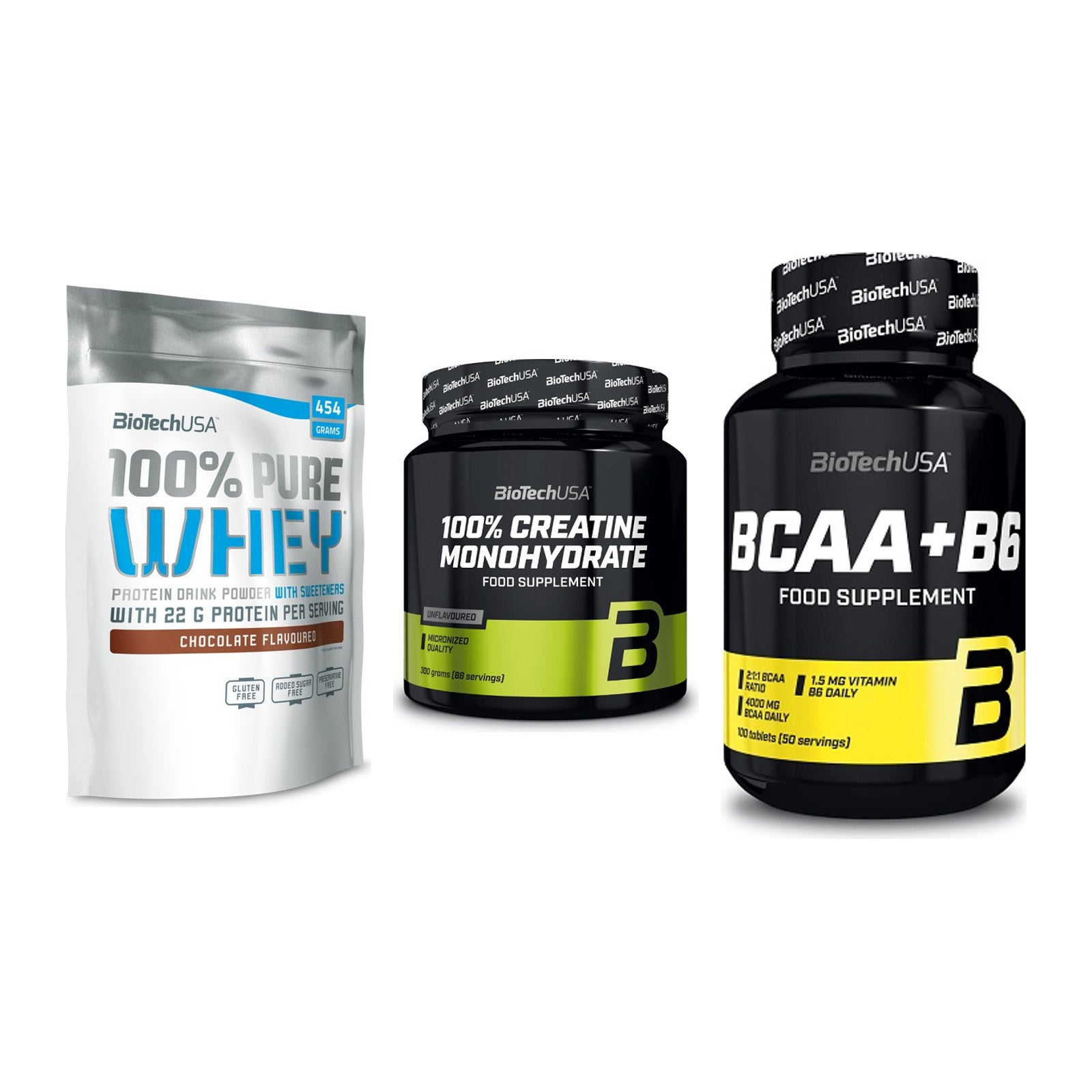BioTech USA Marken-Trio: 100% Pure + Creatine + BCAA+B6 100 – alle enthaltenen Artikel