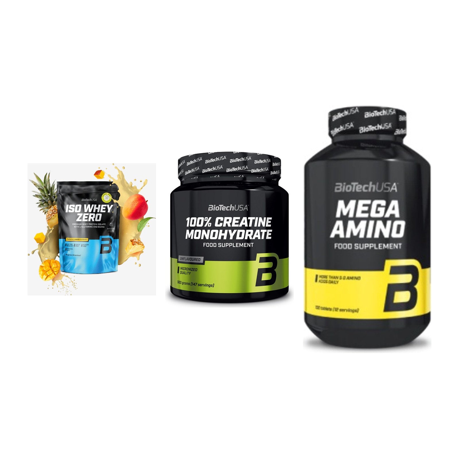 BioTech USA Marken-Trio: Iso Whey Zero + Creatine + Mega Amino – alle enthaltenen Artikel