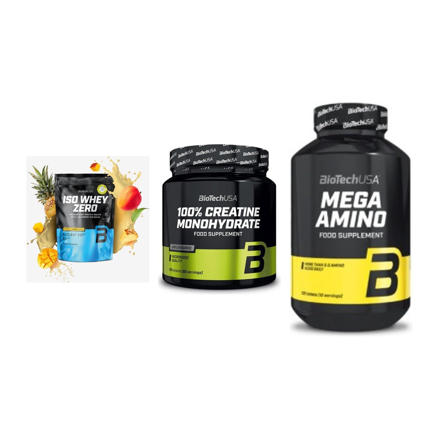 BioTech USA Marken-Trio: Iso Whey Zero + Creatine + Mega Amino – alle enthaltenen Artikel