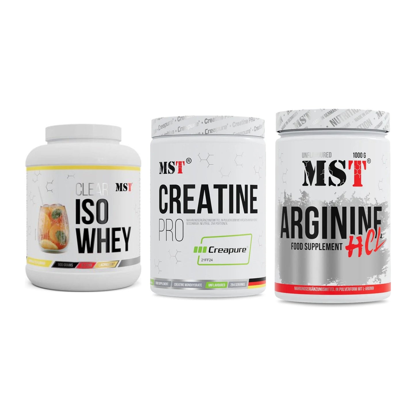 MST Marken-Trio: Iso Clear 900g + Creatin Pro + Arginine HCL – alle enthaltenen Artikel