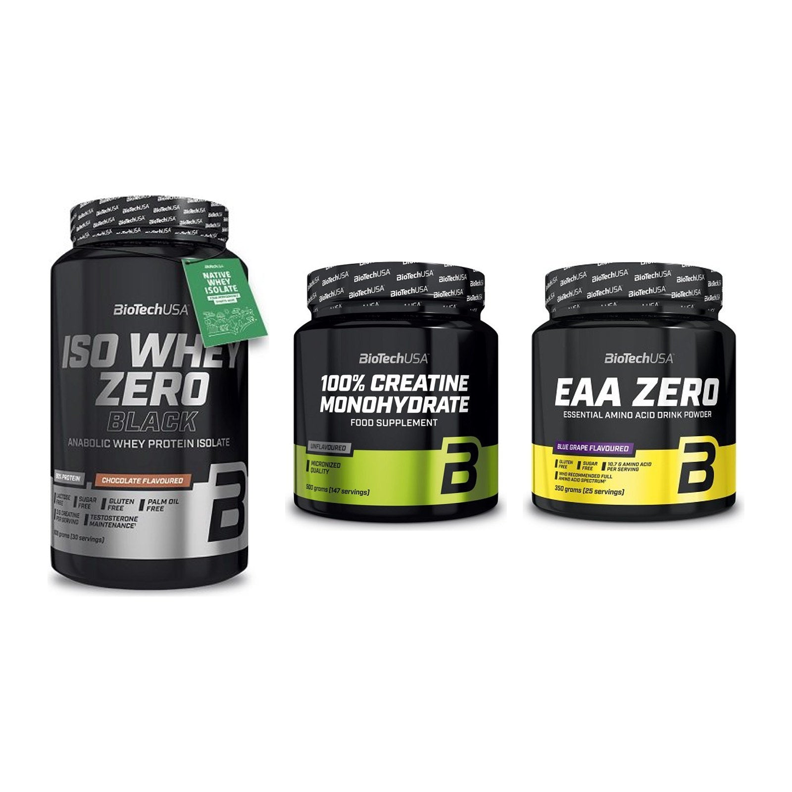 BioTech USA Marken-Trio: Iso Whey Zero + Creatine + EAA Zero – alle enthaltenen Artikel