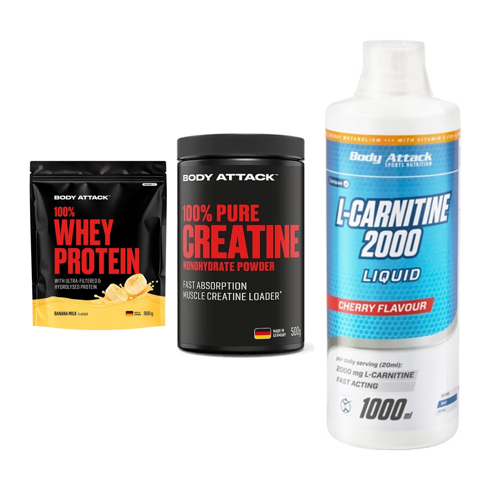 Body Attack Marken-Trio: Attack 100% Whey Protein + 2 weitere – alle enthaltenen Artikel