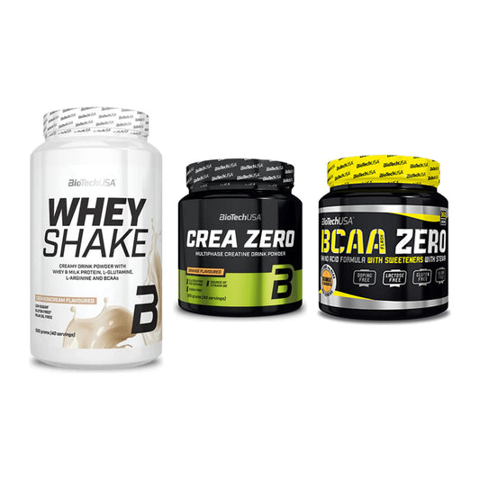 BioTech USA Marken-Trio: Whey Shake + Crea Zero + BCAA Zero – alle enthaltenen Artikel