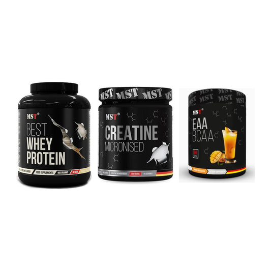 MST Marken-Trio: Best Whey Protein + Creatin Monohydrate + EAA & BCAA – alle enthaltenen Artikel