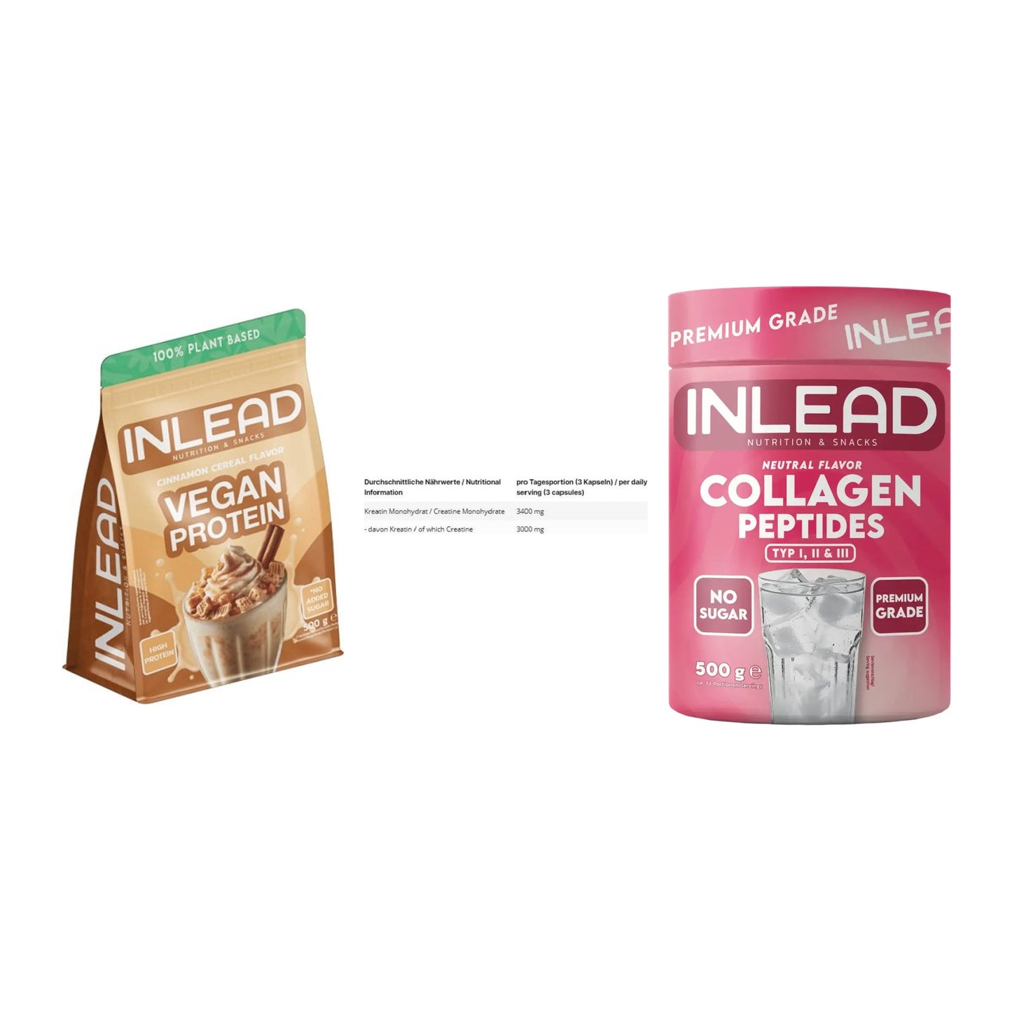 INLEAD Marken-Trio: Vegan Protein + Creatine + Collagen – alle enthaltenen Artikel