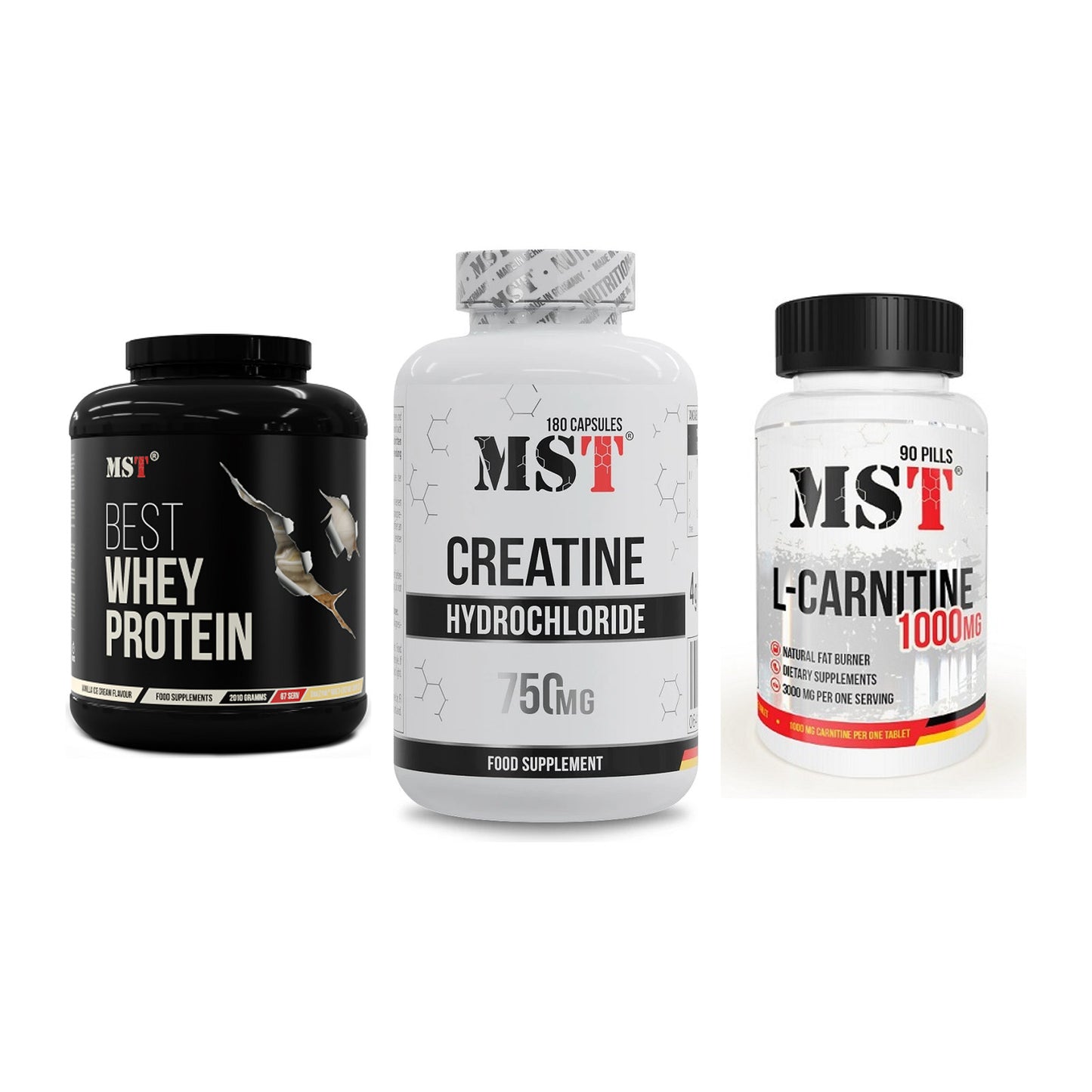 MST Marken-Trio: Best Whey + Creatine HCL + L-Carnitine – alle enthaltenen Artikel