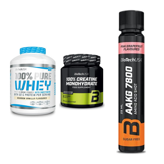 BioTech USA Marken-Trio: 100% Pure + Creatine + AAKG 7800 – alle enthaltenen Artikel