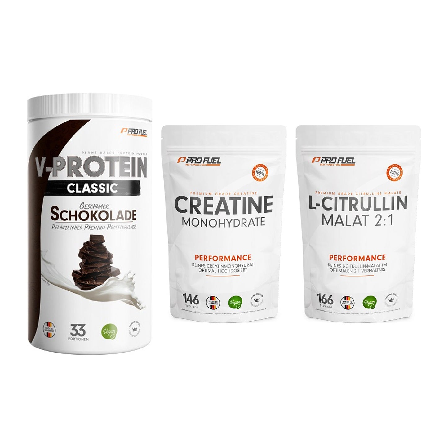 ProFuel Marken-Trio: VEGAN PROTEIN + Creatine + L-Citrullin – alle enthaltenen Artikel