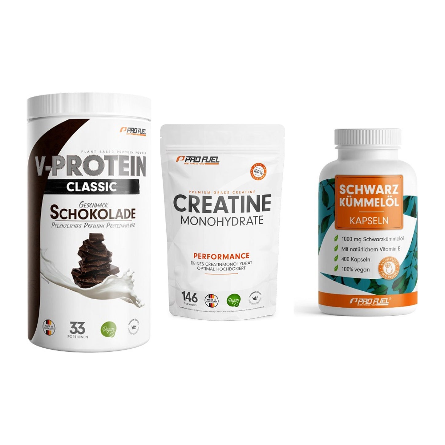 ProFuel Marken-Trio: VEGAN PROTEIN + Creatine + Schwarzkümmelö – alle enthaltenen Artikel