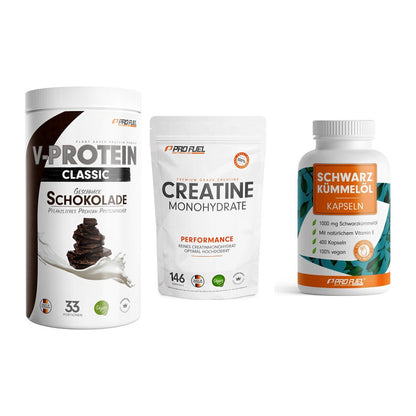 ProFuel Marken-Trio: VEGAN PROTEIN + Creatine + Schwarzkümmelö – alle enthaltenen Artikel