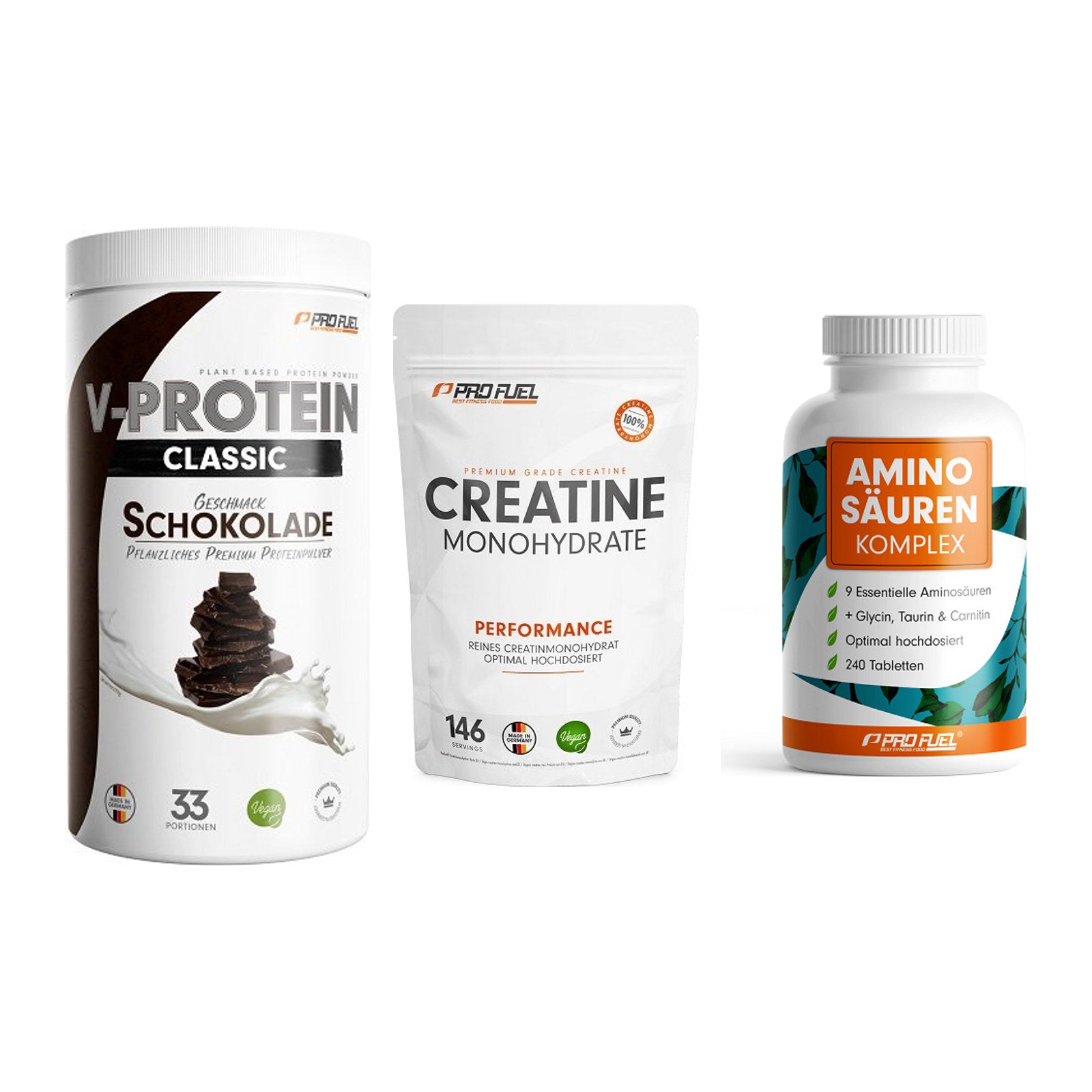 ProFuel Marken-Trio: VEGAN PROTEIN + Creatine + Aminosäuren – alle enthaltenen Artikel