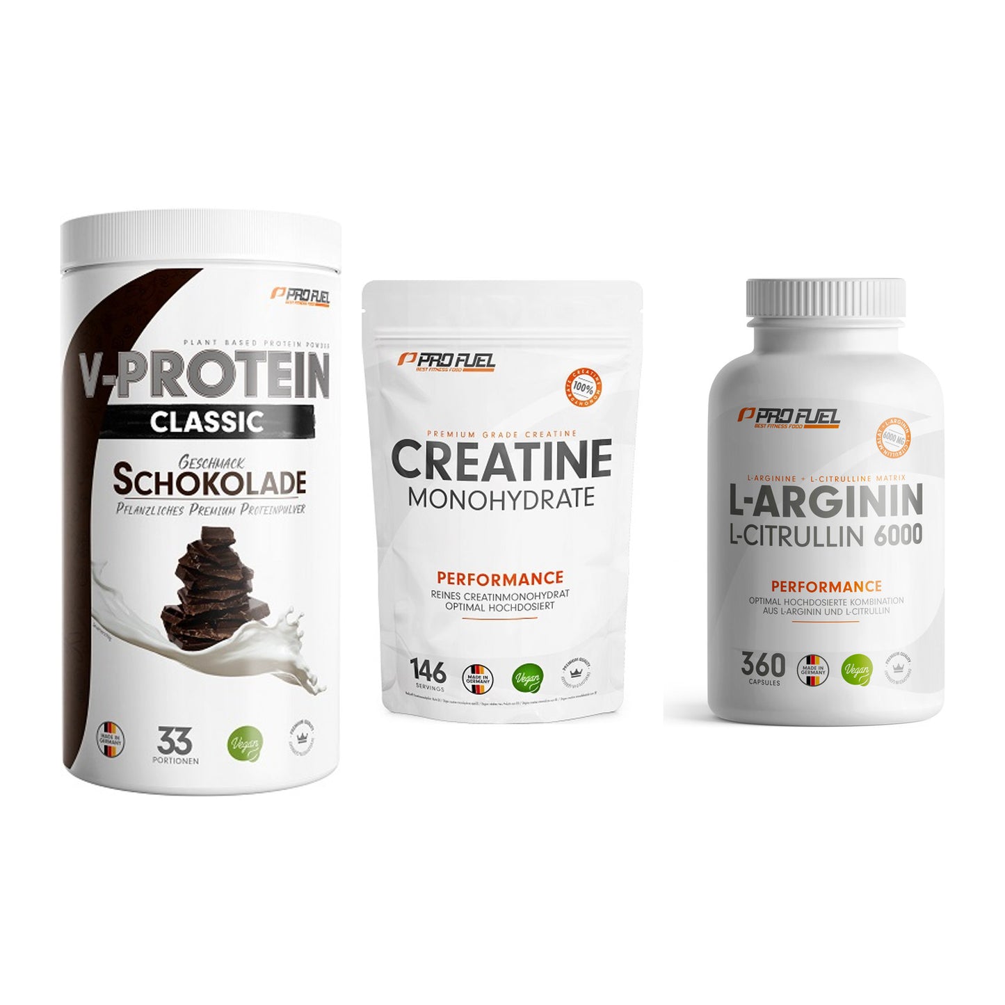 ProFuel Marken-Trio: VEGAN PROTEIN + Creatine + L-Arginin – alle enthaltenen Artikel