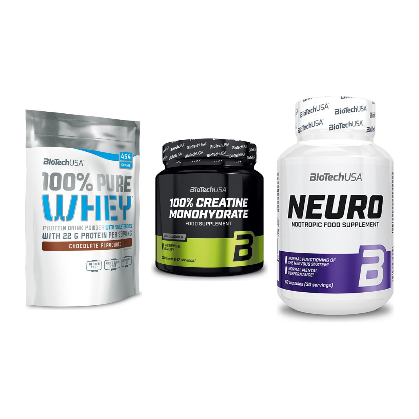 BioTech USA Marken-Trio: 100% Pure Whey + Creatine Monohydrate + Neuro – alle enthaltenen Artikel